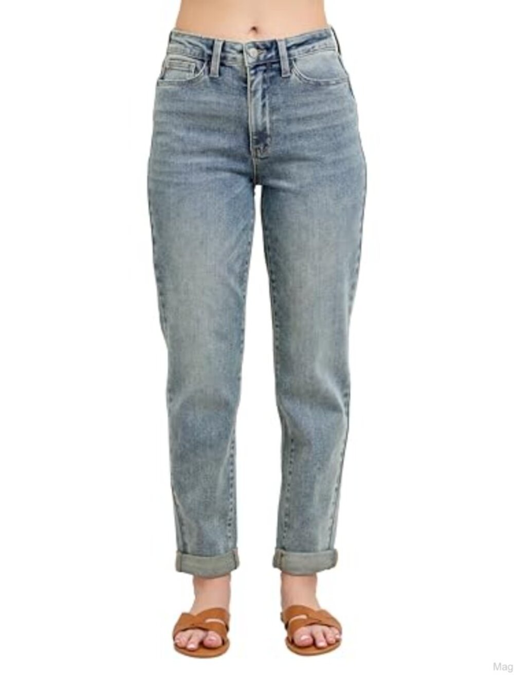 High Waisted Vintage Wash Double Roll Cuff Boyfriend Jeans